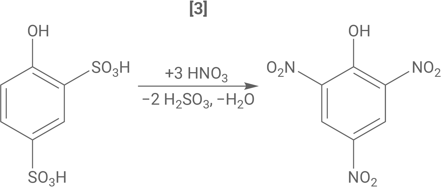 Chemische Reaktion mit Benzol-Derivaten und Nitrierung, dargestellt durch Strukturformeln.